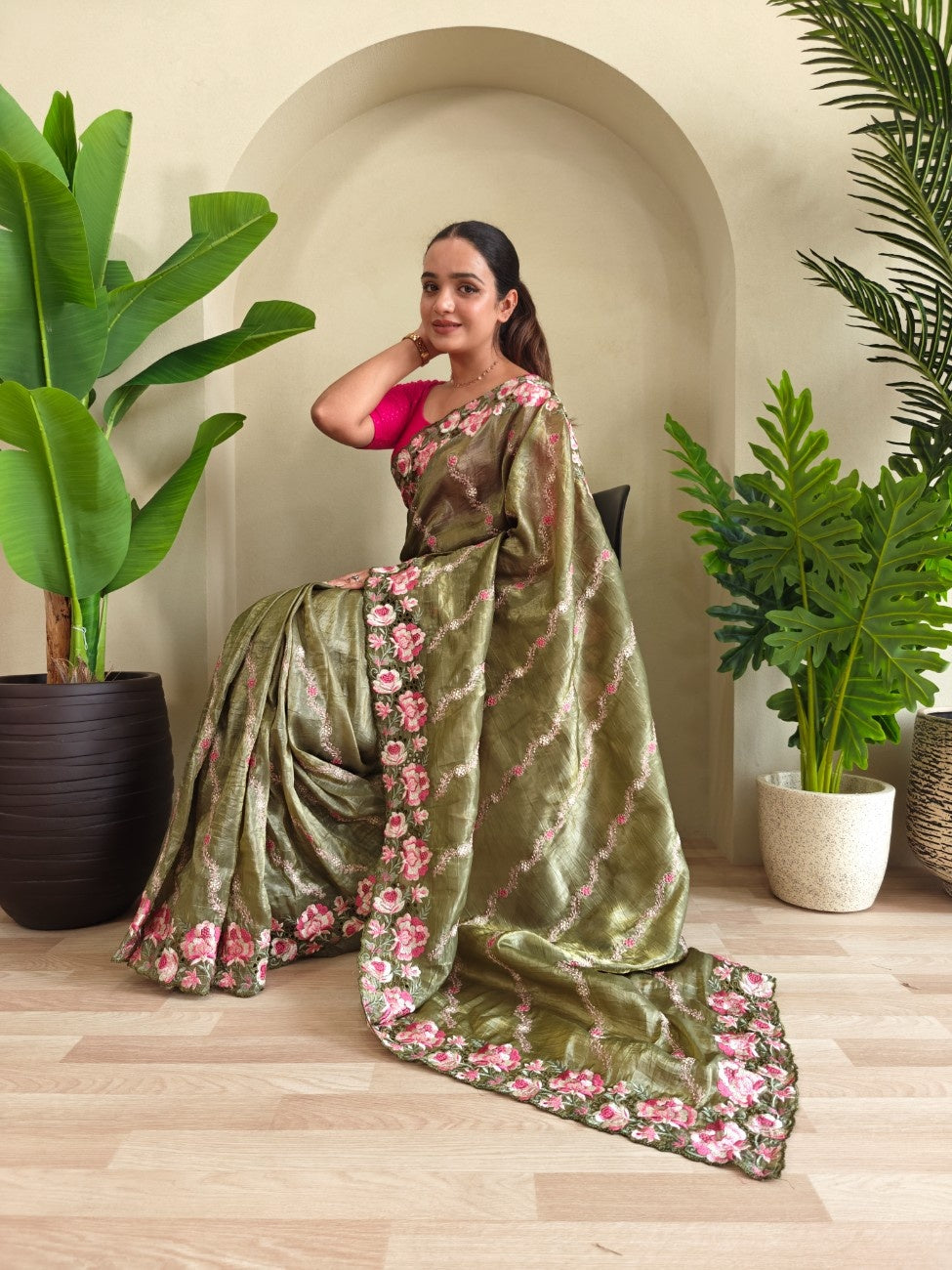 Premium Crush Silk Saree With Leheriya-inspired Embroidery
