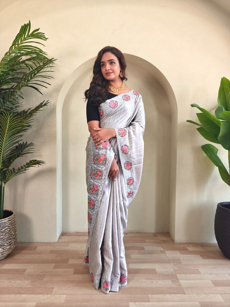 Tussar Silk saree with fine embroidery, cutwork, and contrast pallu.