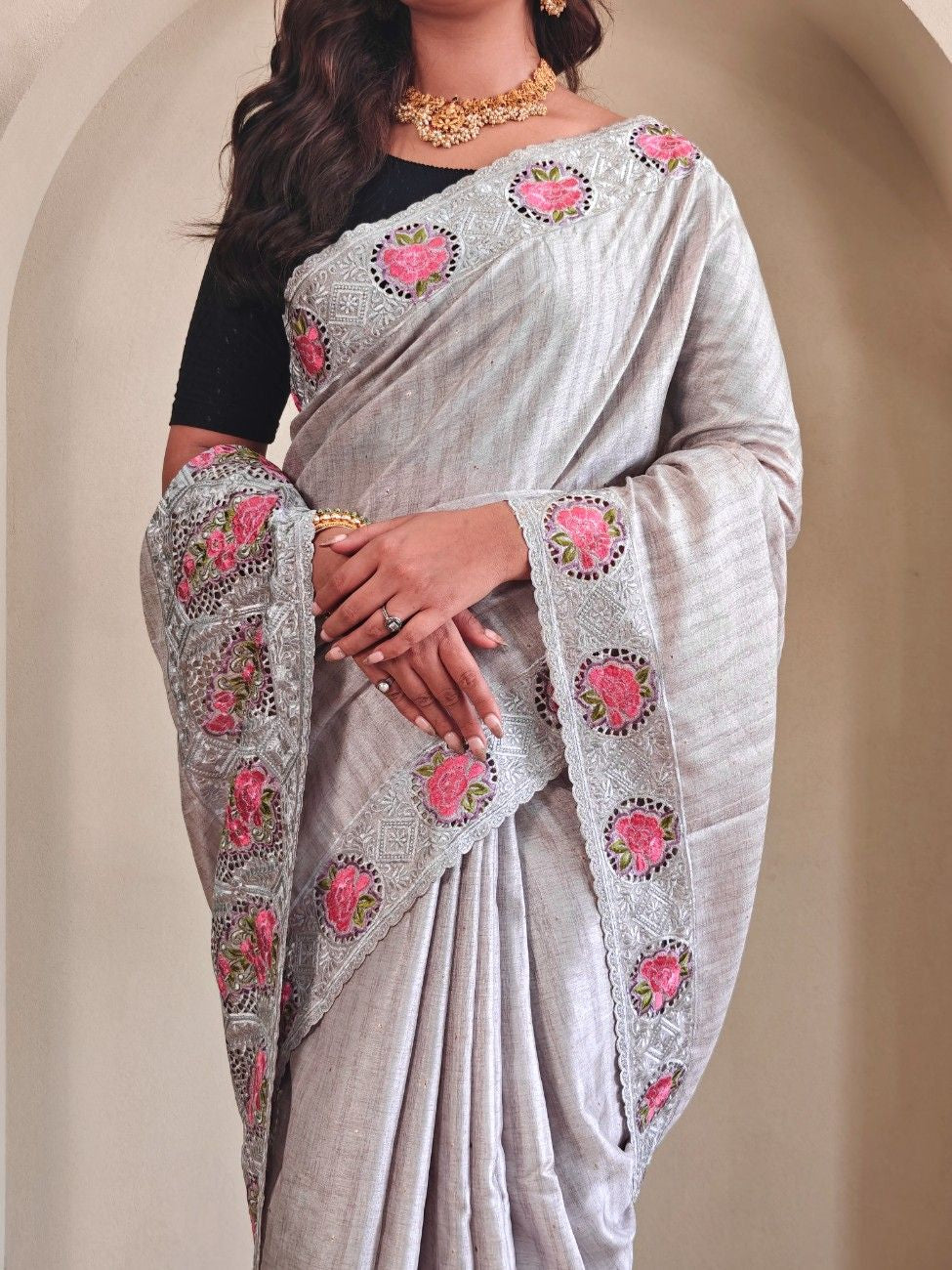 Tussar Silk saree with fine embroidery, cutwork, and contrast pallu.