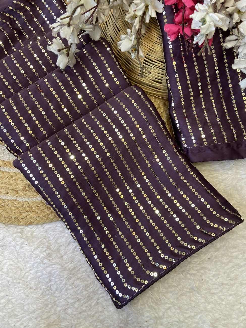 Bollywood-style Satin Chiffon Saree with full sequin work and a rich color combo