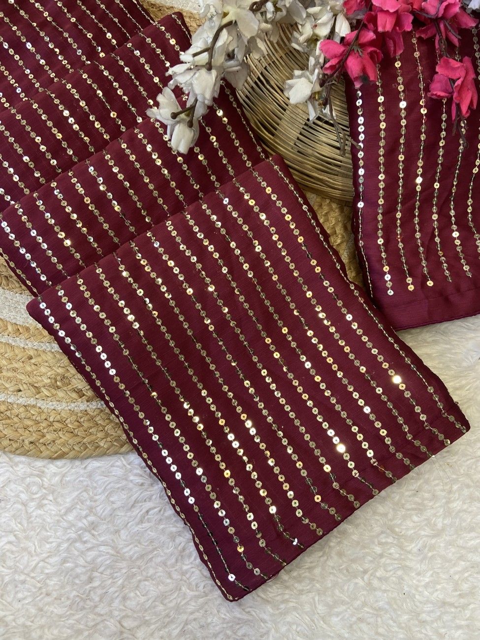 Bollywood-style Satin Chiffon Saree with full sequin work and a rich color combo