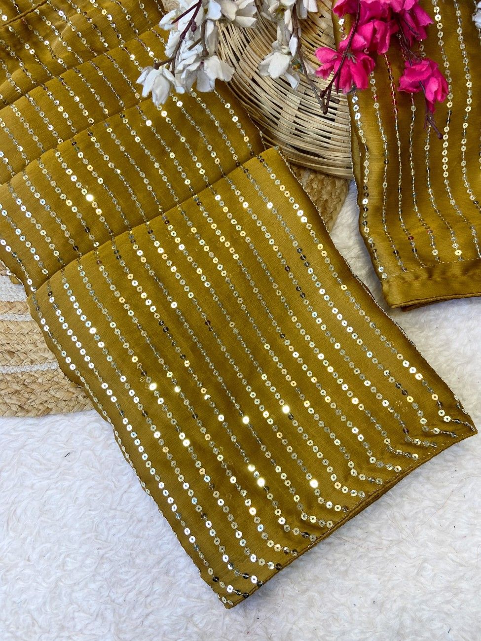 Bollywood-style Satin Chiffon Saree with full sequin work and a rich color combo