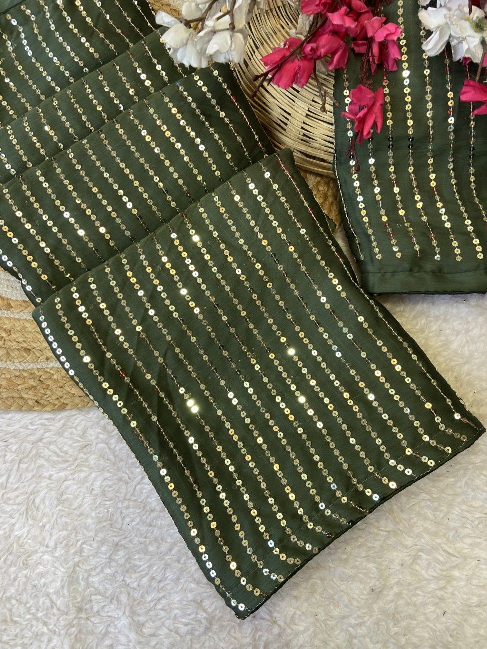 Bollywood-style Satin Chiffon Saree with full sequin work and a rich color combo