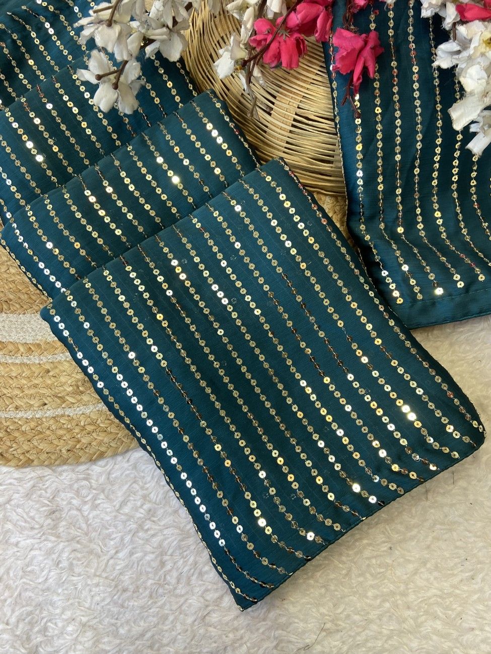 Bollywood-style Satin Chiffon Saree with full sequin work and a rich color combo