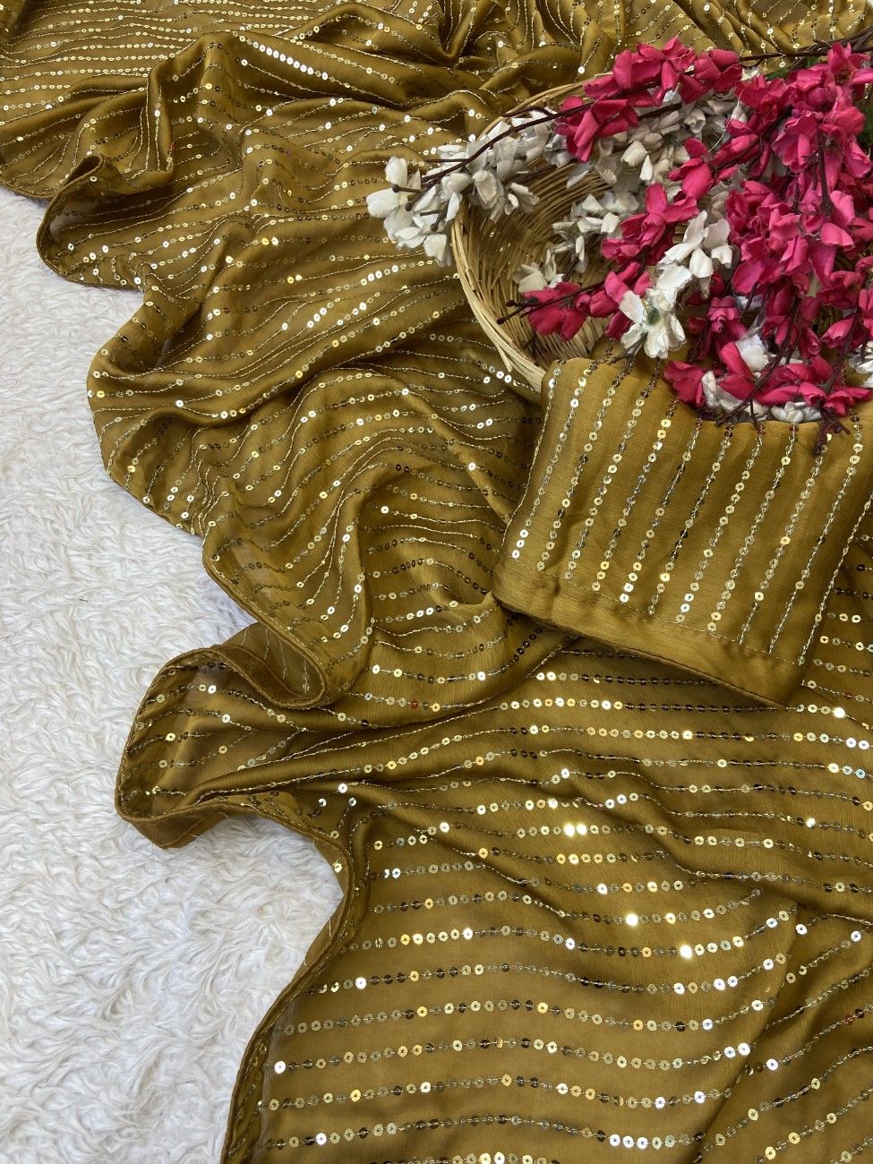 Bollywood-style Satin Chiffon Saree with full sequin work and a rich color combo