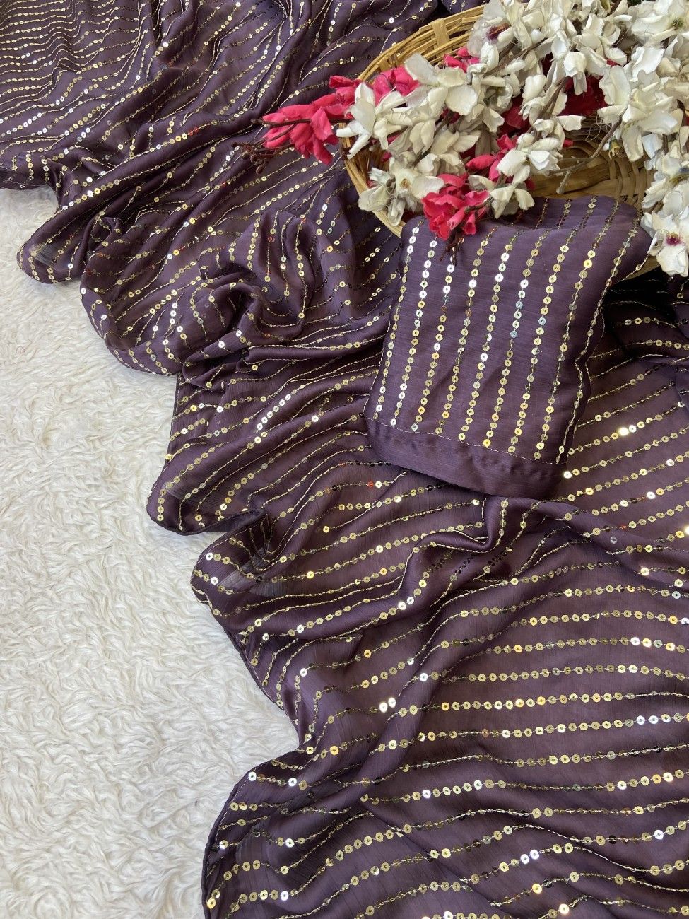 Bollywood-style Satin Chiffon Saree with full sequin work and a rich color combo