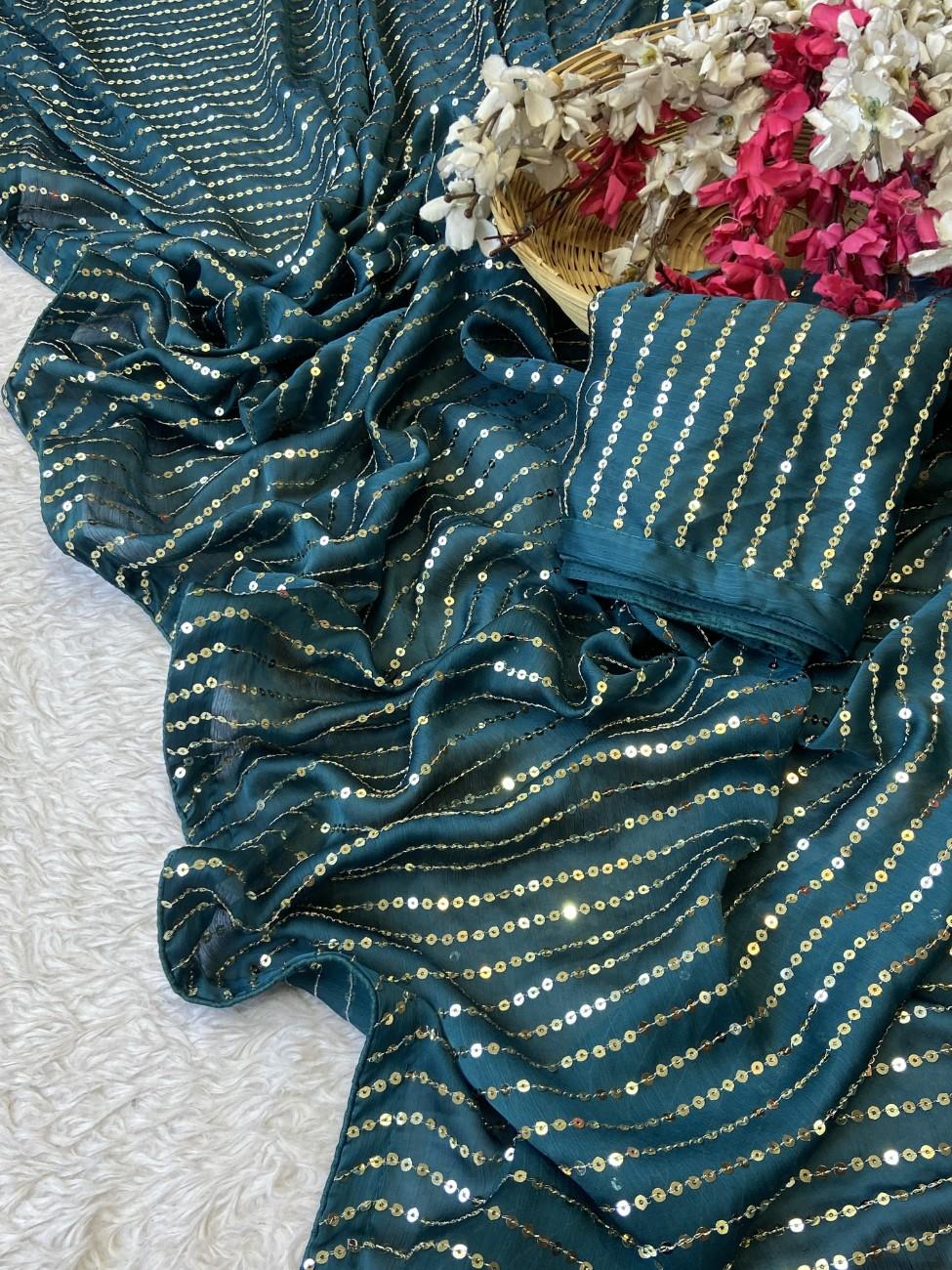 Bollywood-style Satin Chiffon Saree with full sequin work and a rich color combo