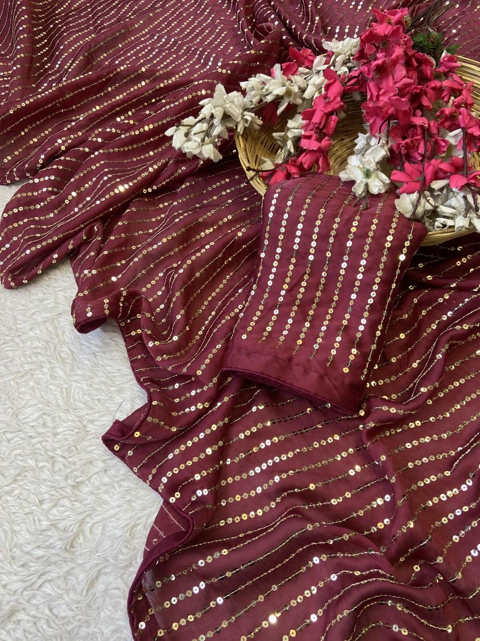 Bollywood-style Satin Chiffon Saree with full sequin work and a rich color combo