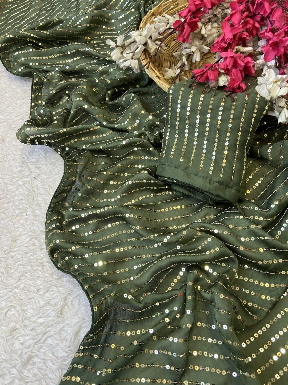 Bollywood-style Satin Chiffon Saree with full sequin work and a rich color combo