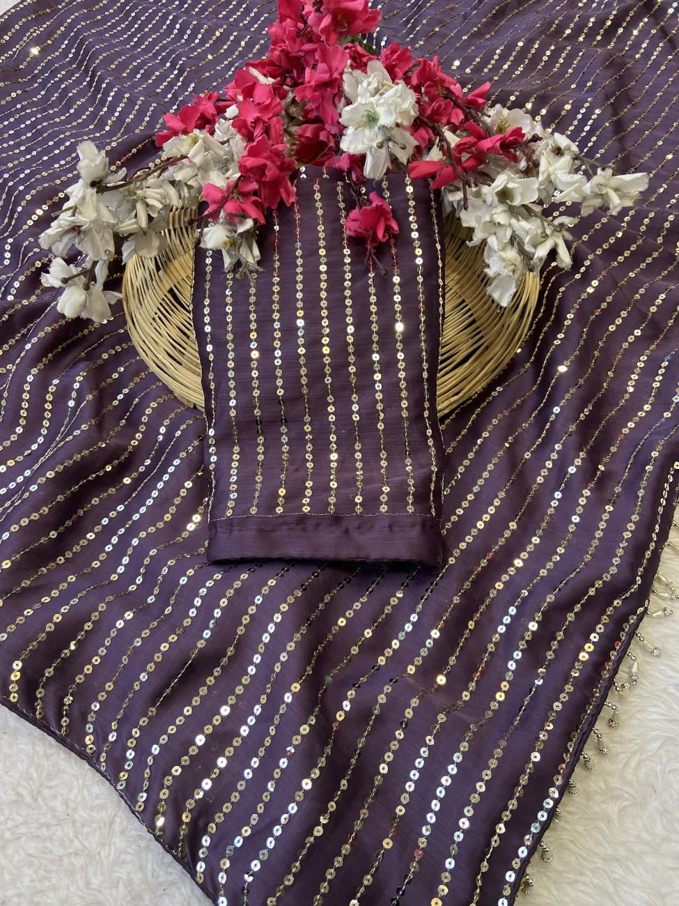 Bollywood-style Satin Chiffon Saree with full sequin work and a rich color combo