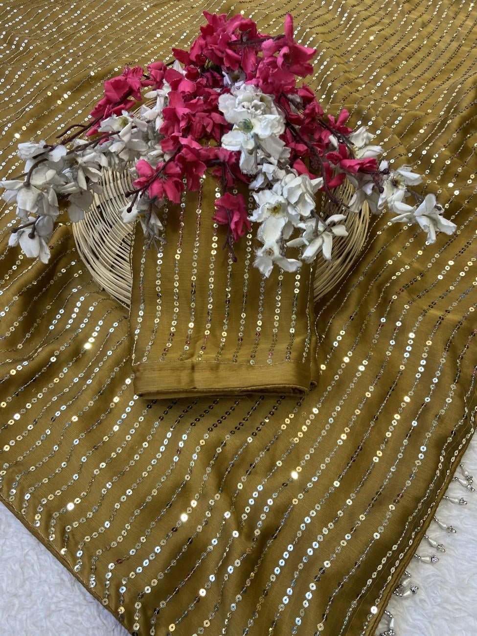 Bollywood-style Satin Chiffon Saree with full sequin work and a rich color combo