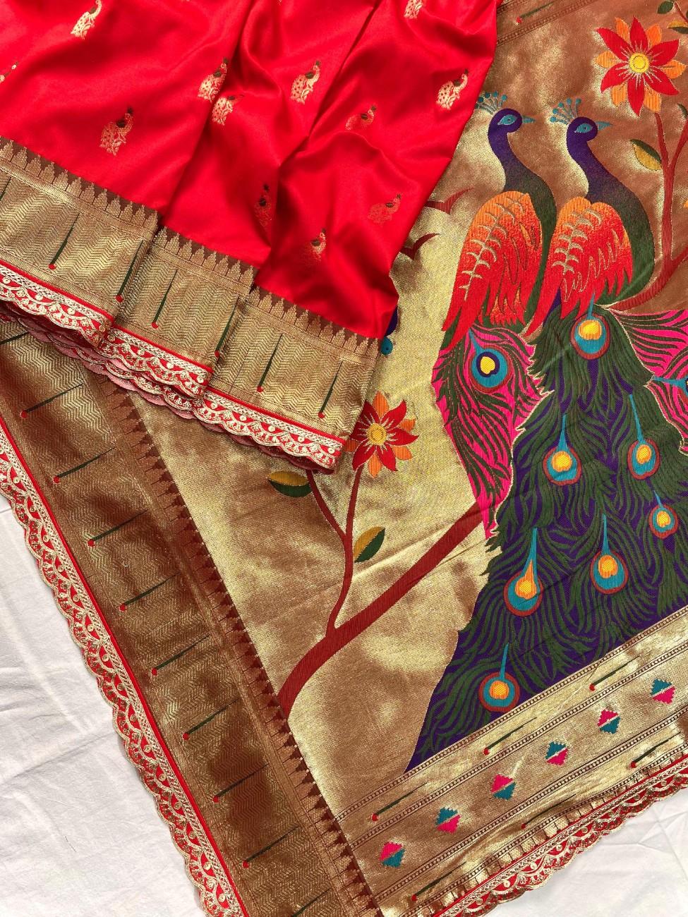 Pure Paithani silk saree with all-over meenakari weaving, vibrant contrast peacock pallu