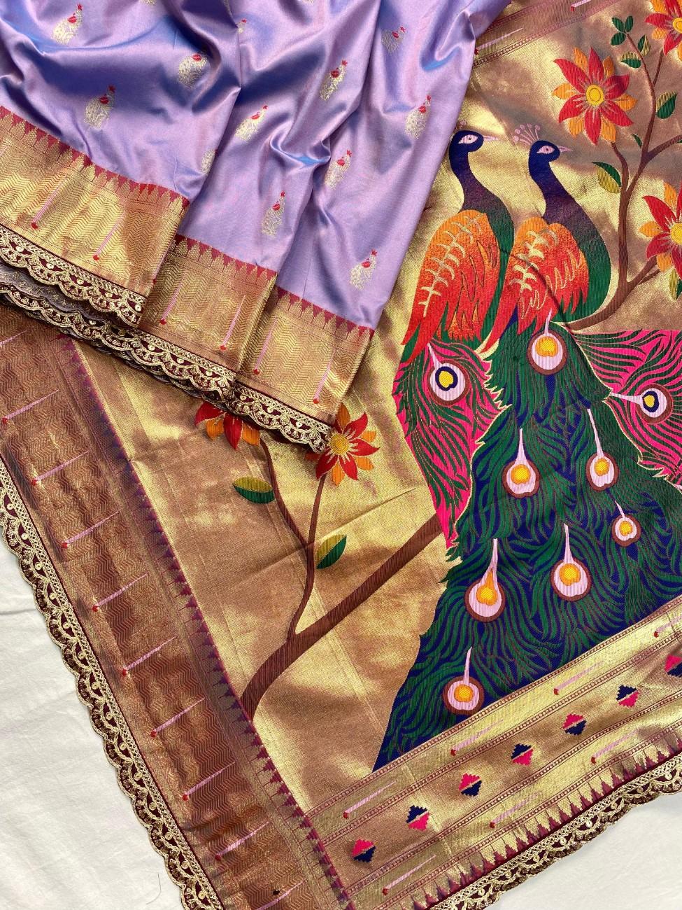 Pure Paithani silk saree with all-over meenakari weaving, vibrant contrast peacock pallu
