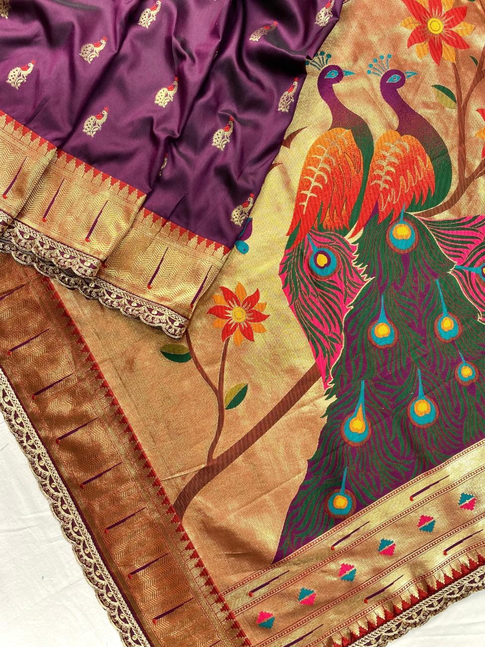 Pure Paithani silk saree with all-over meenakari weaving, vibrant contrast peacock pallu