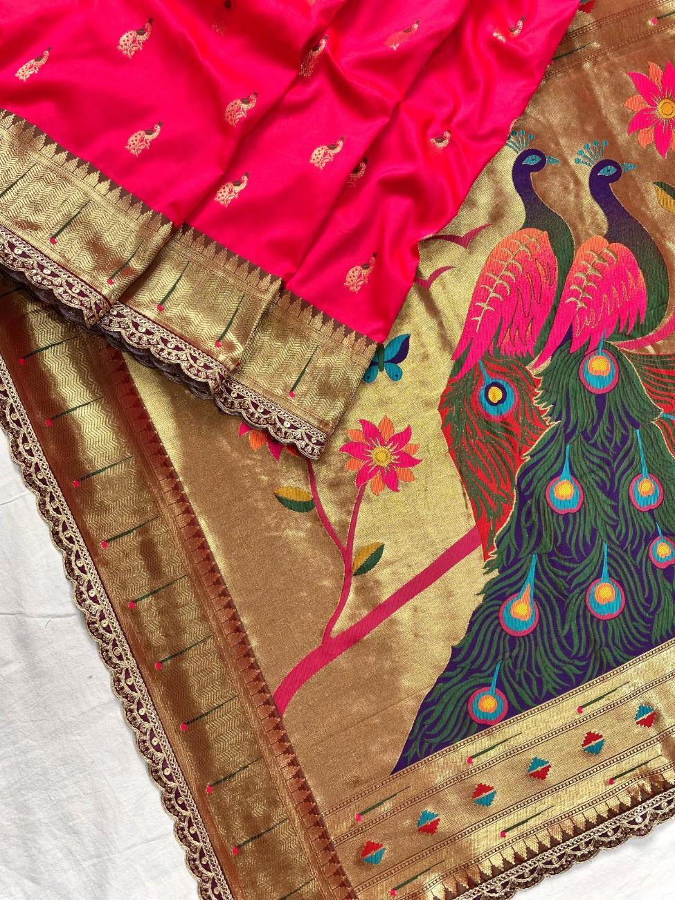 Pure Paithani silk saree with all-over meenakari weaving, vibrant contrast peacock pallu