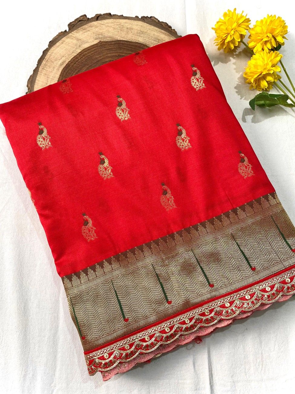 Pure Paithani silk saree with all-over meenakari weaving, vibrant contrast peacock pallu