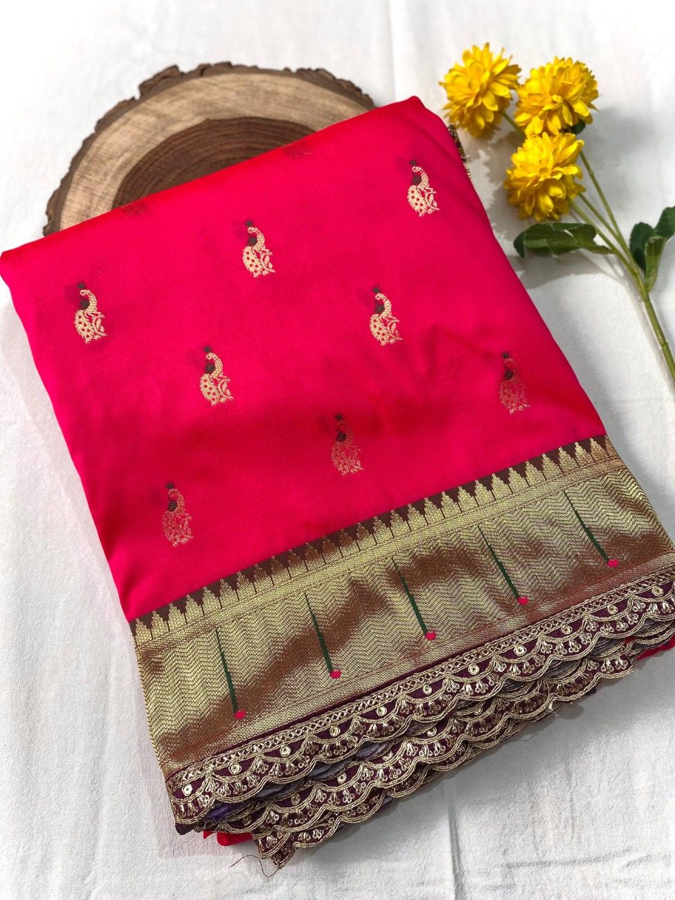 Pure Paithani silk saree with all-over meenakari weaving, vibrant contrast peacock pallu