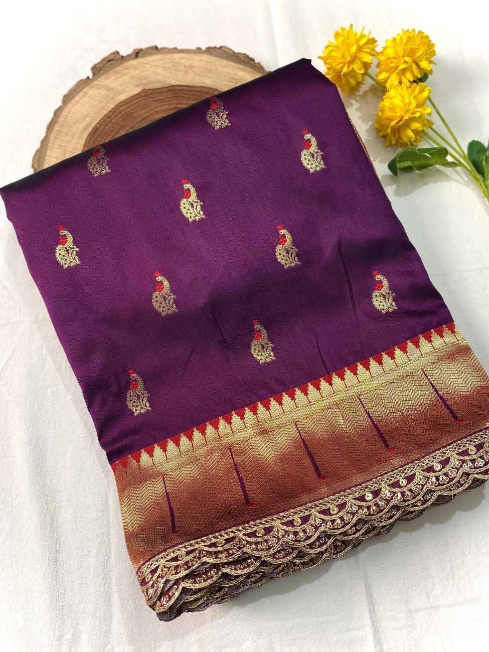Pure Paithani silk saree with all-over meenakari weaving, vibrant contrast peacock pallu