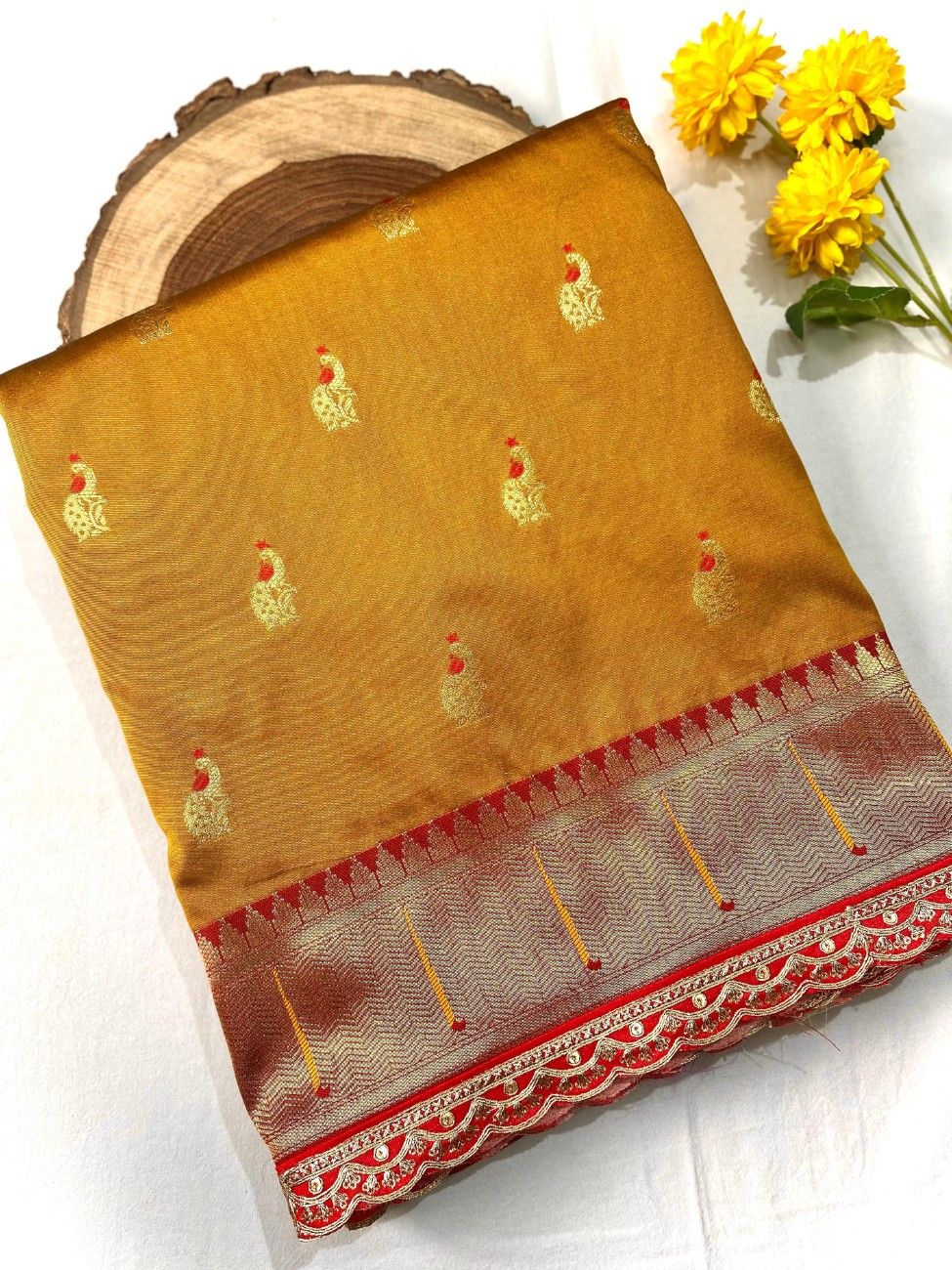 Pure Paithani silk saree with all-over meenakari weaving, vibrant contrast peacock pallu