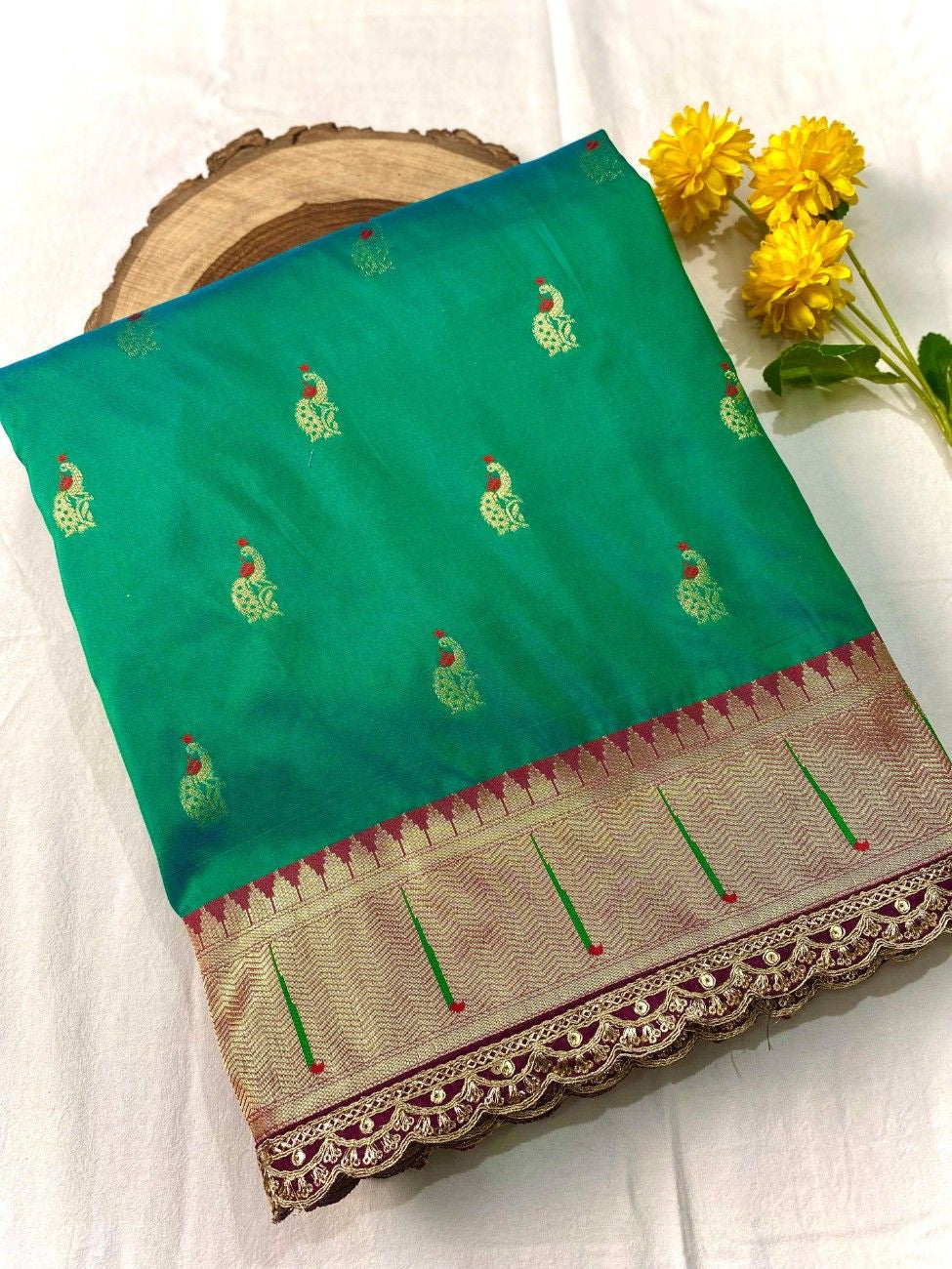 Pure Paithani silk saree with all-over meenakari weaving, vibrant contrast peacock pallu