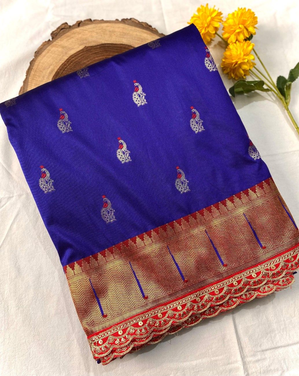 Pure Paithani silk saree with all-over meenakari weaving, vibrant contrast peacock pallu