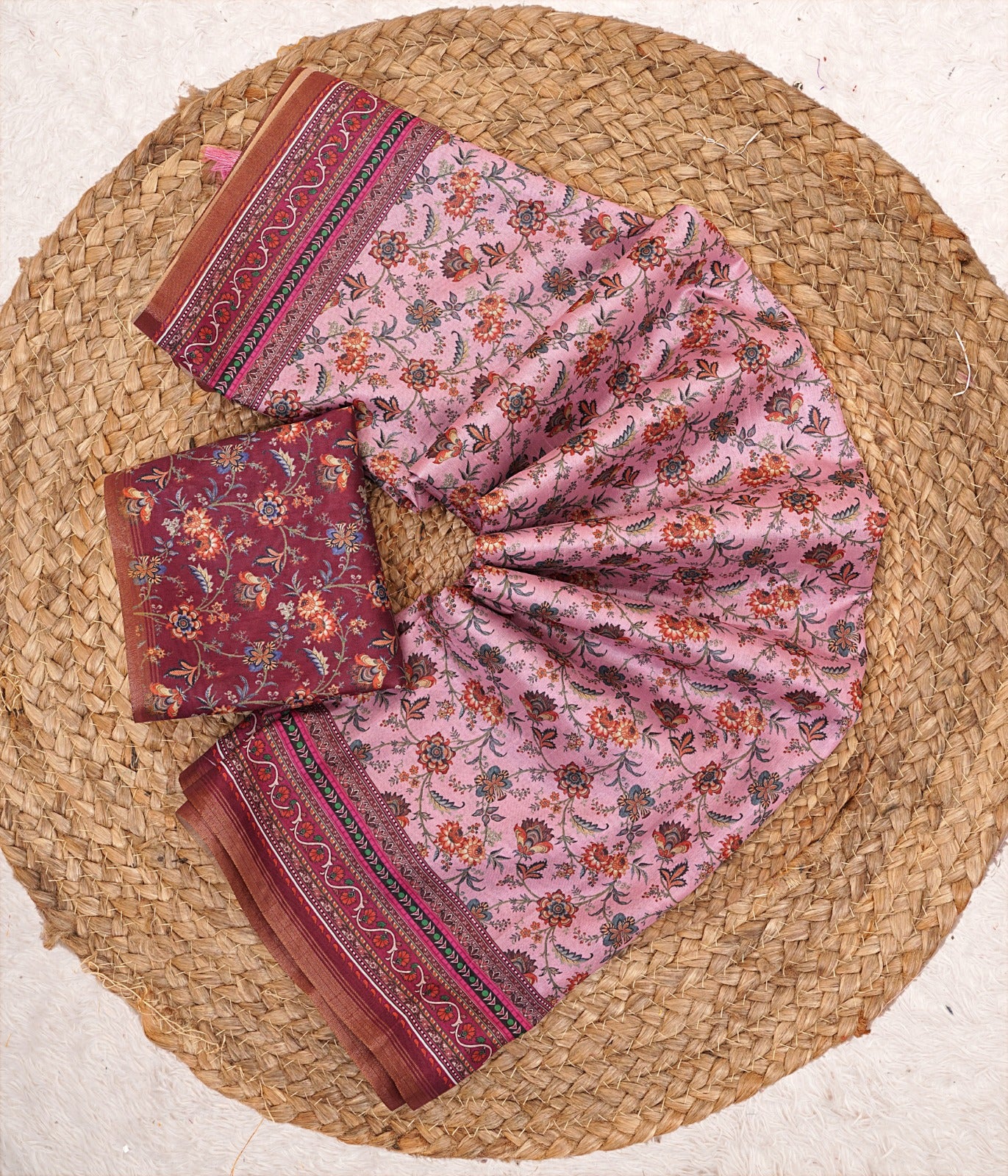 Premium Belly Silk Cotton Saree With floral digital prints and fancy latkans