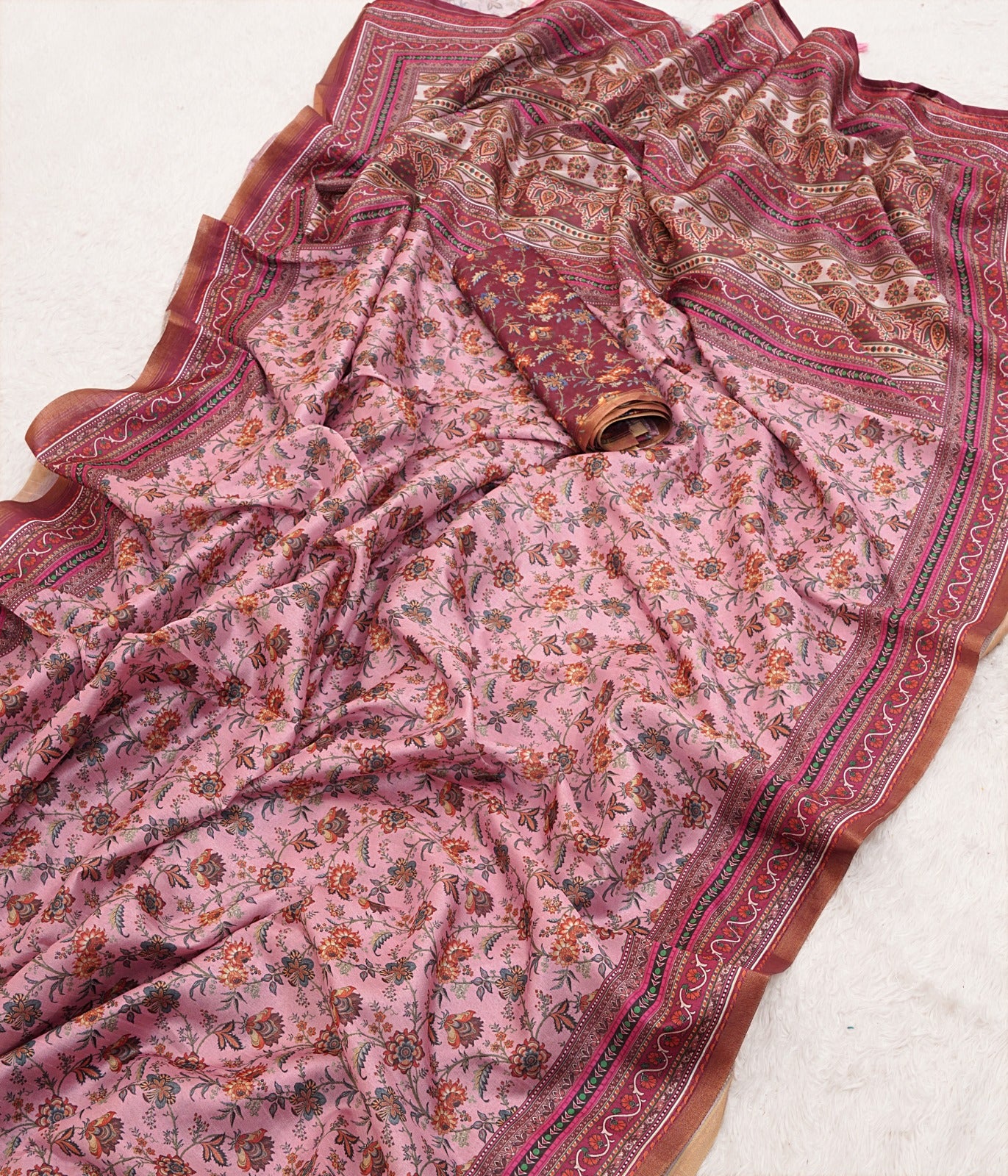 Premium Belly Silk Cotton Saree With floral digital prints and fancy latkans