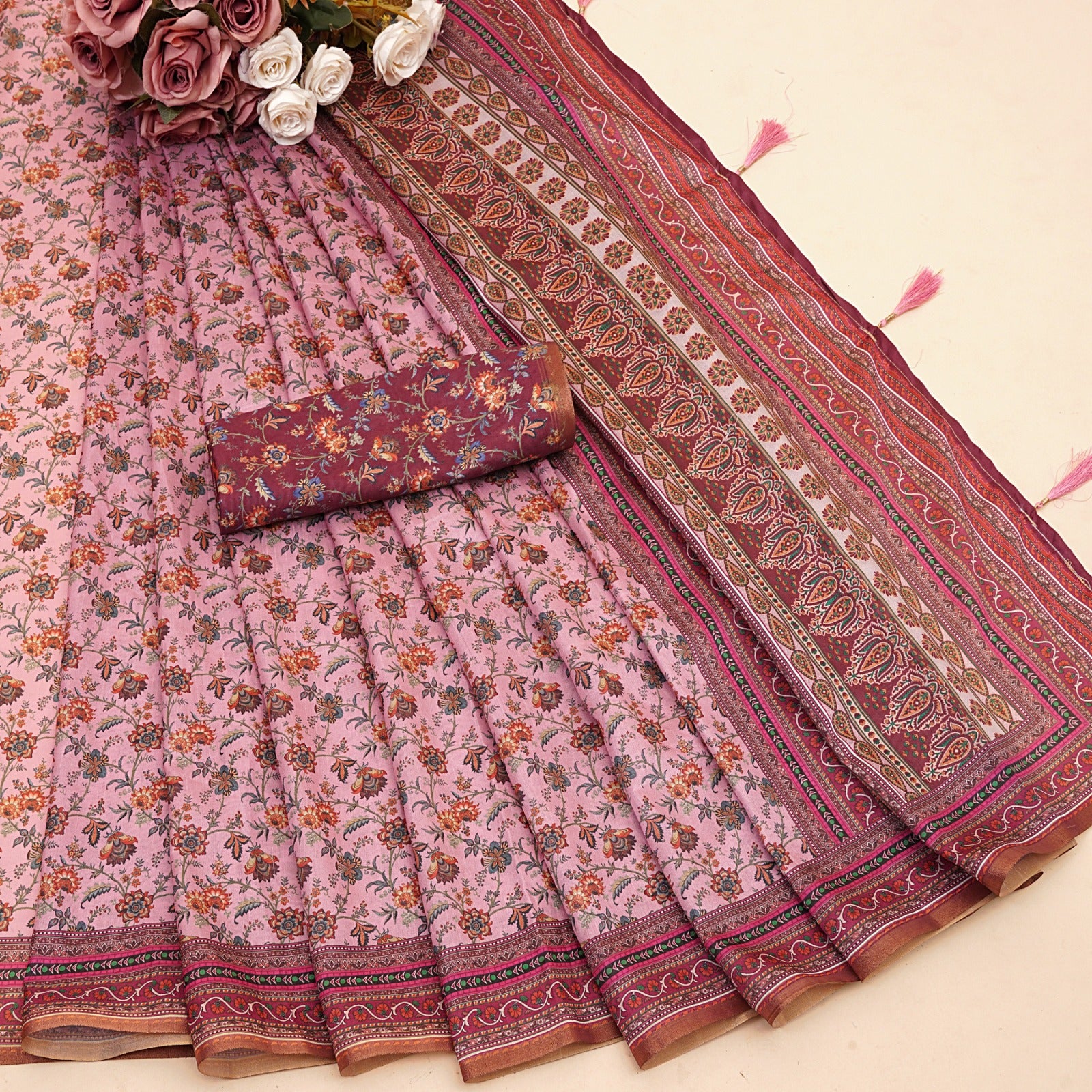 Premium Belly Silk Cotton Saree With floral digital prints and fancy latkans