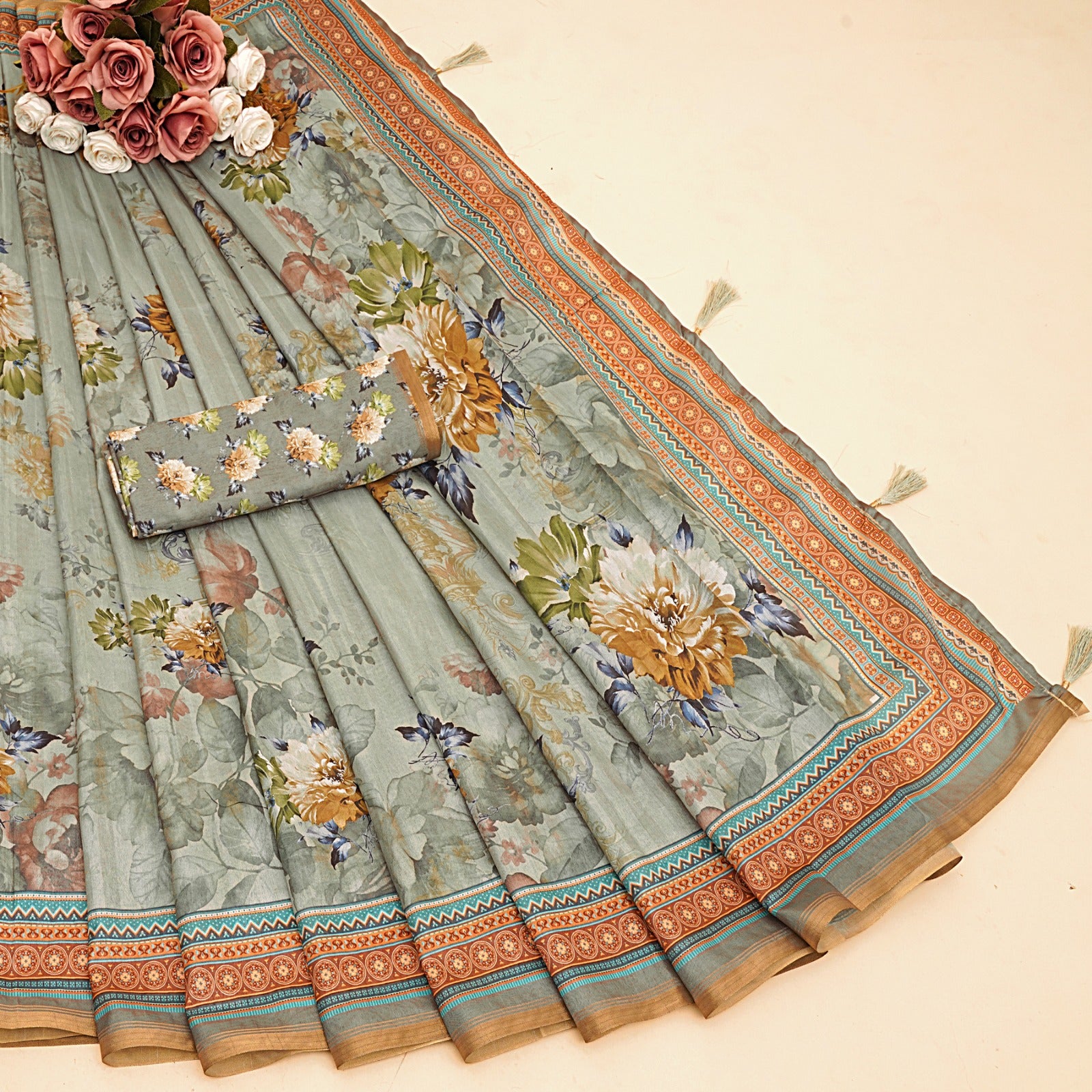 Premium Belly Silk Cotton Saree With floral digital prints and fancy latkans