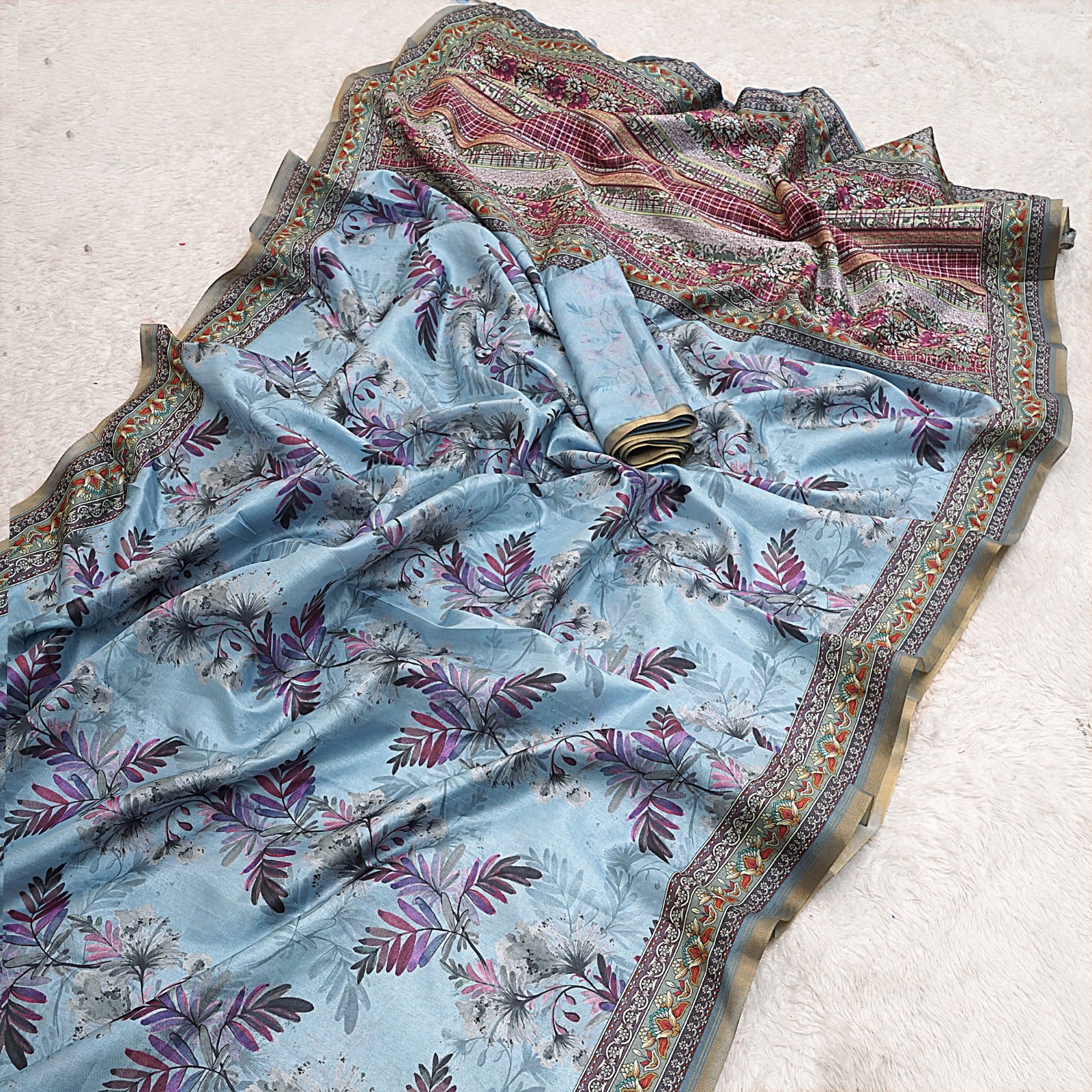 Premium Belly Silk Cotton Saree With floral digital prints and fancy latkans