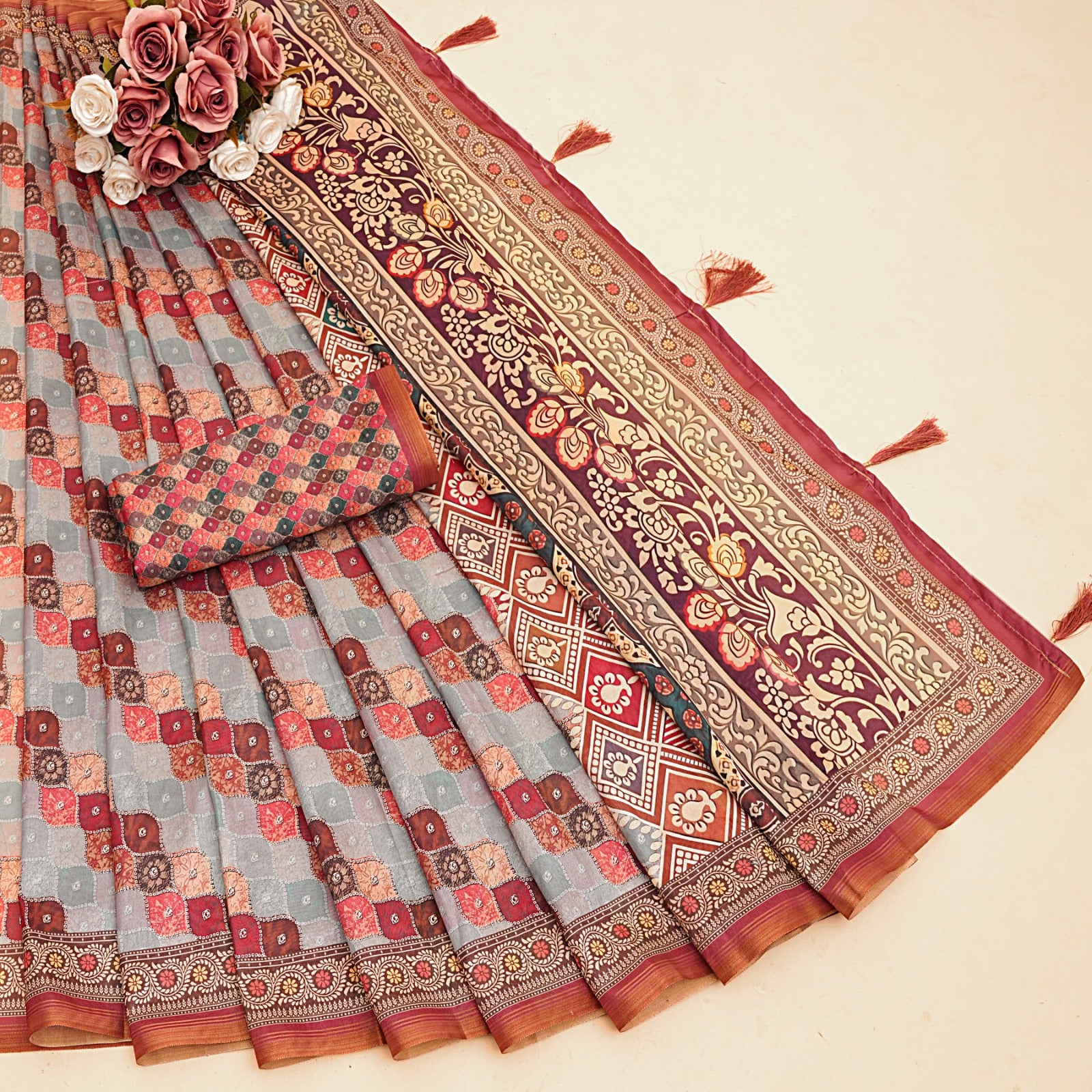 Premium Belly Silk Cotton Saree With floral digital prints and fancy latkans