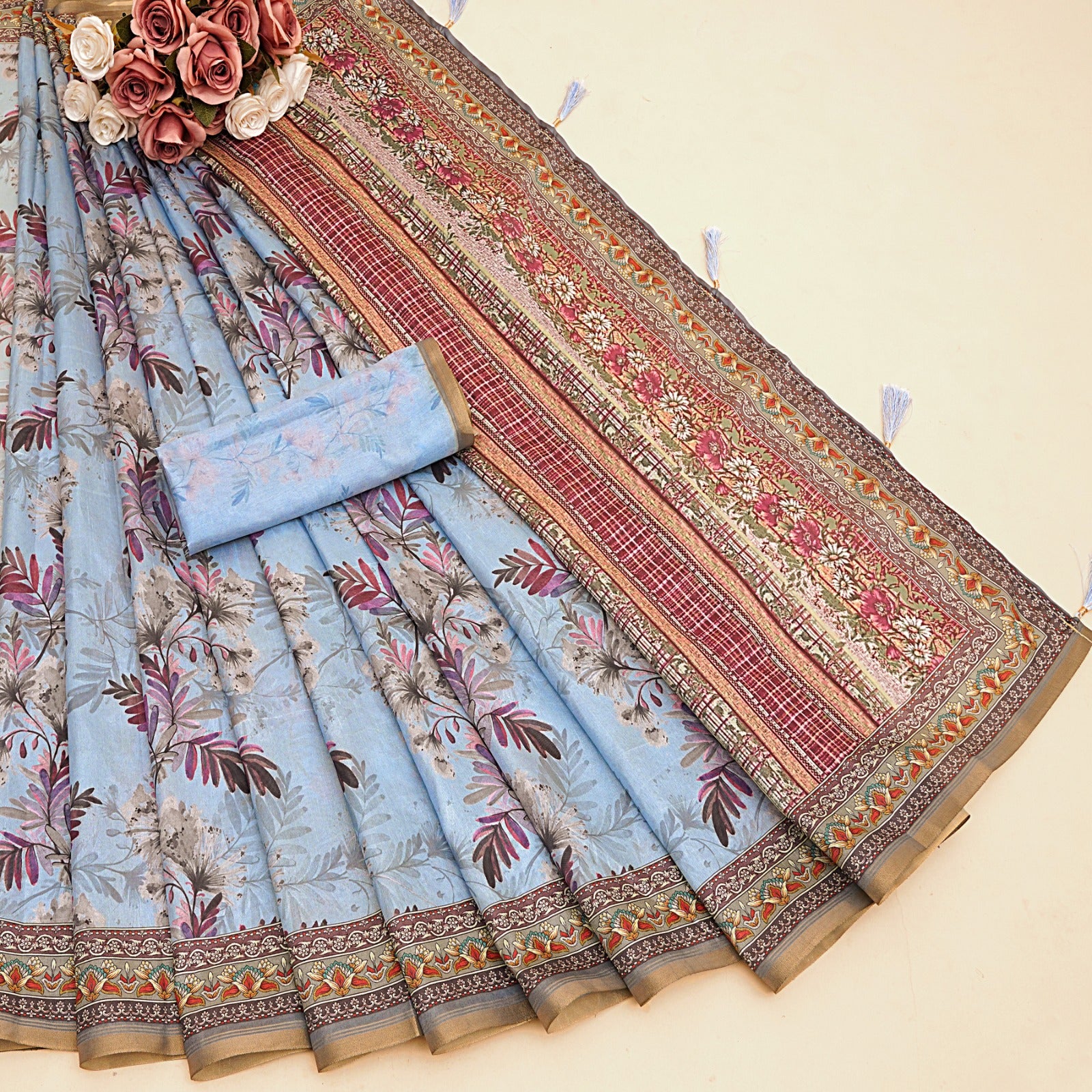 Premium Belly Silk Cotton Saree With floral digital prints and fancy latkans