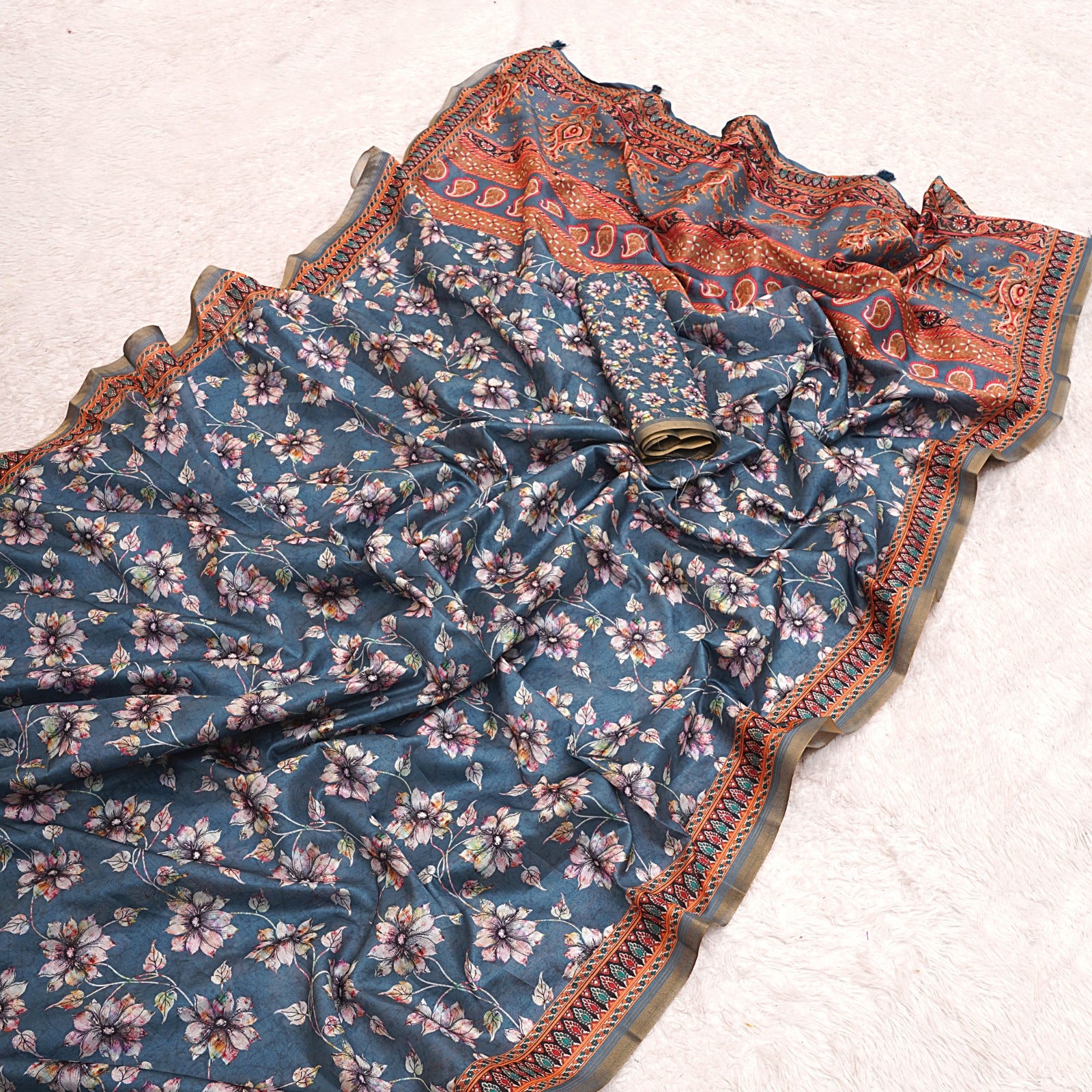 Premium Belly Silk Cotton Saree With floral digital prints and fancy latkans