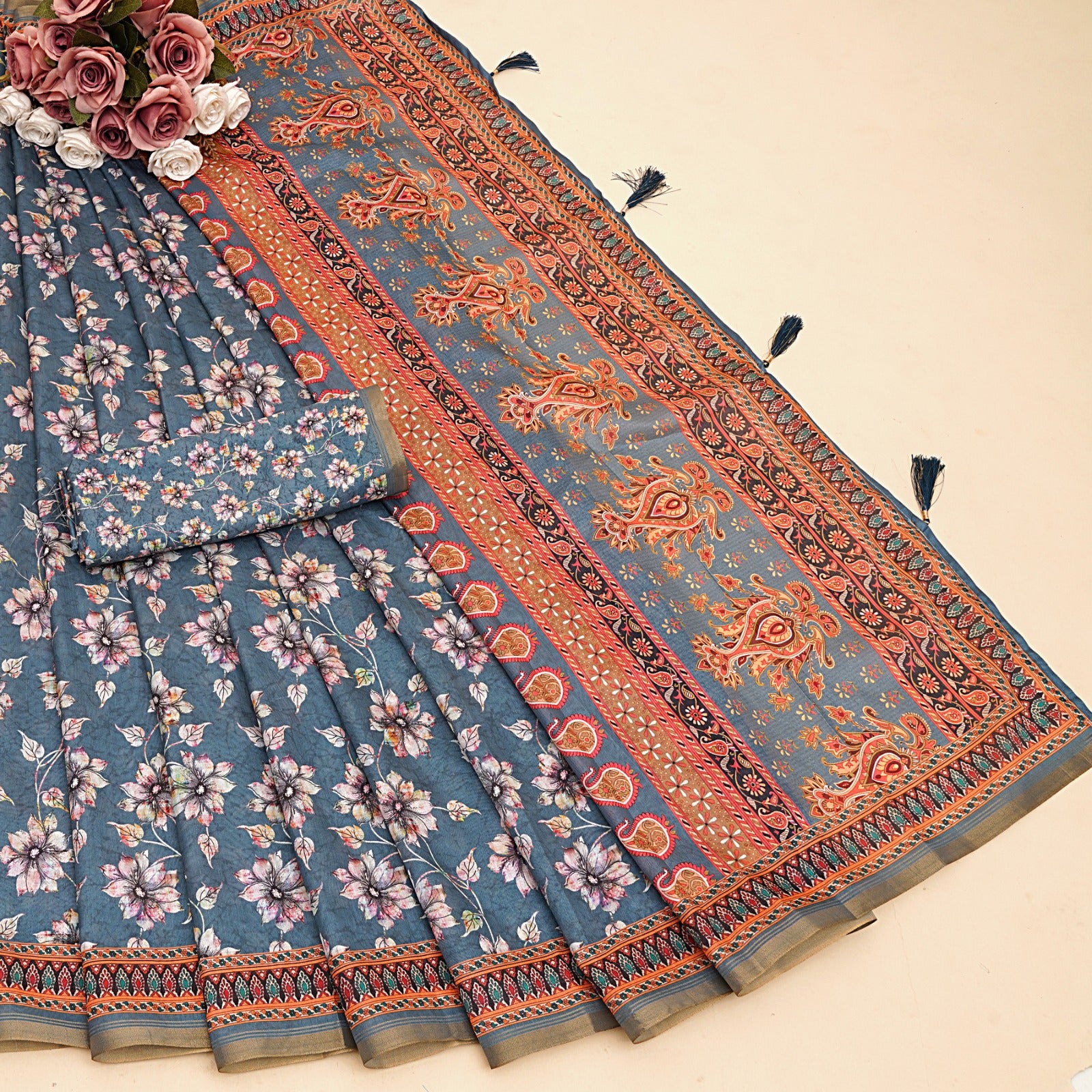 Premium Belly Silk Cotton Saree With floral digital prints and fancy latkans