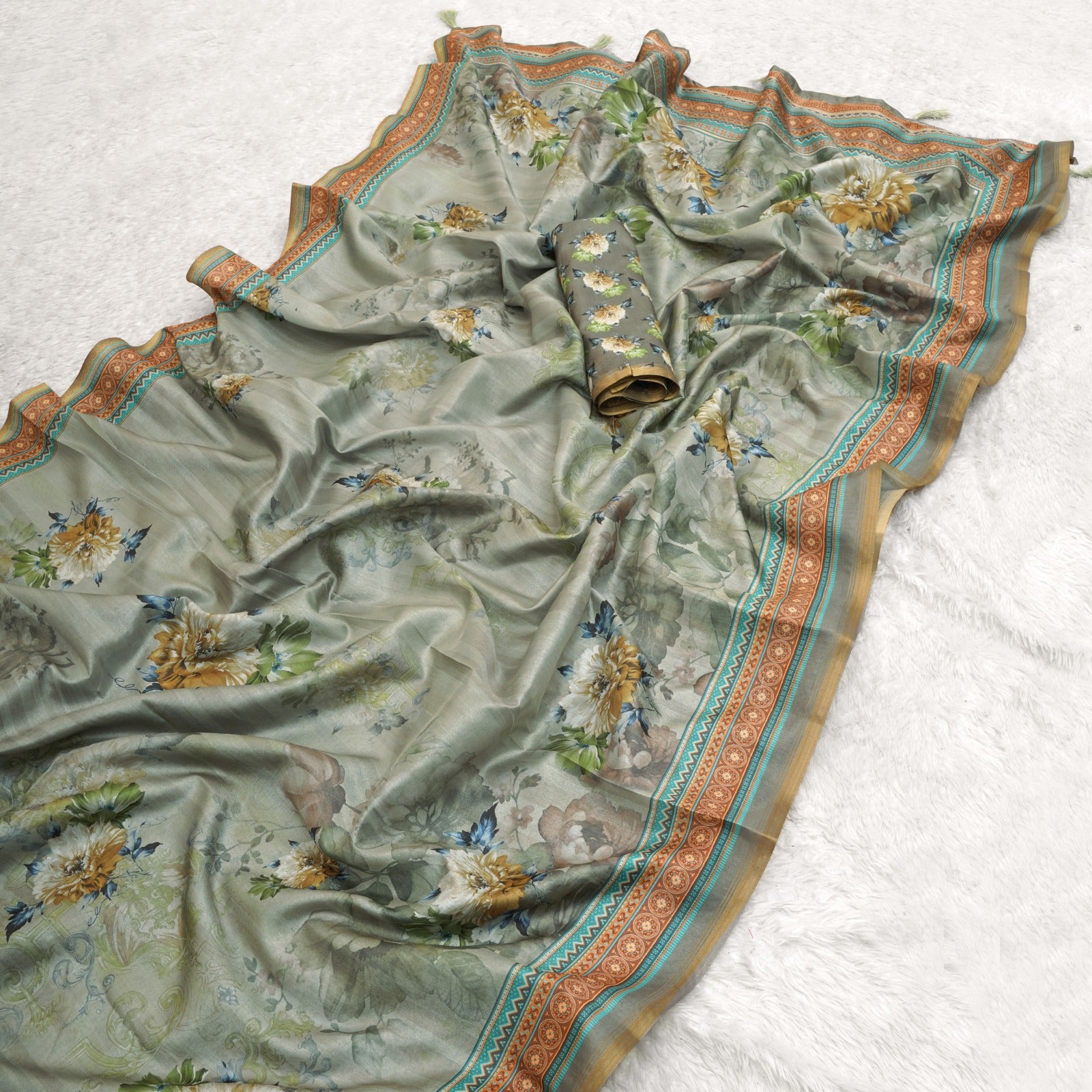 Premium Belly Silk Cotton Saree With floral digital prints and fancy latkans