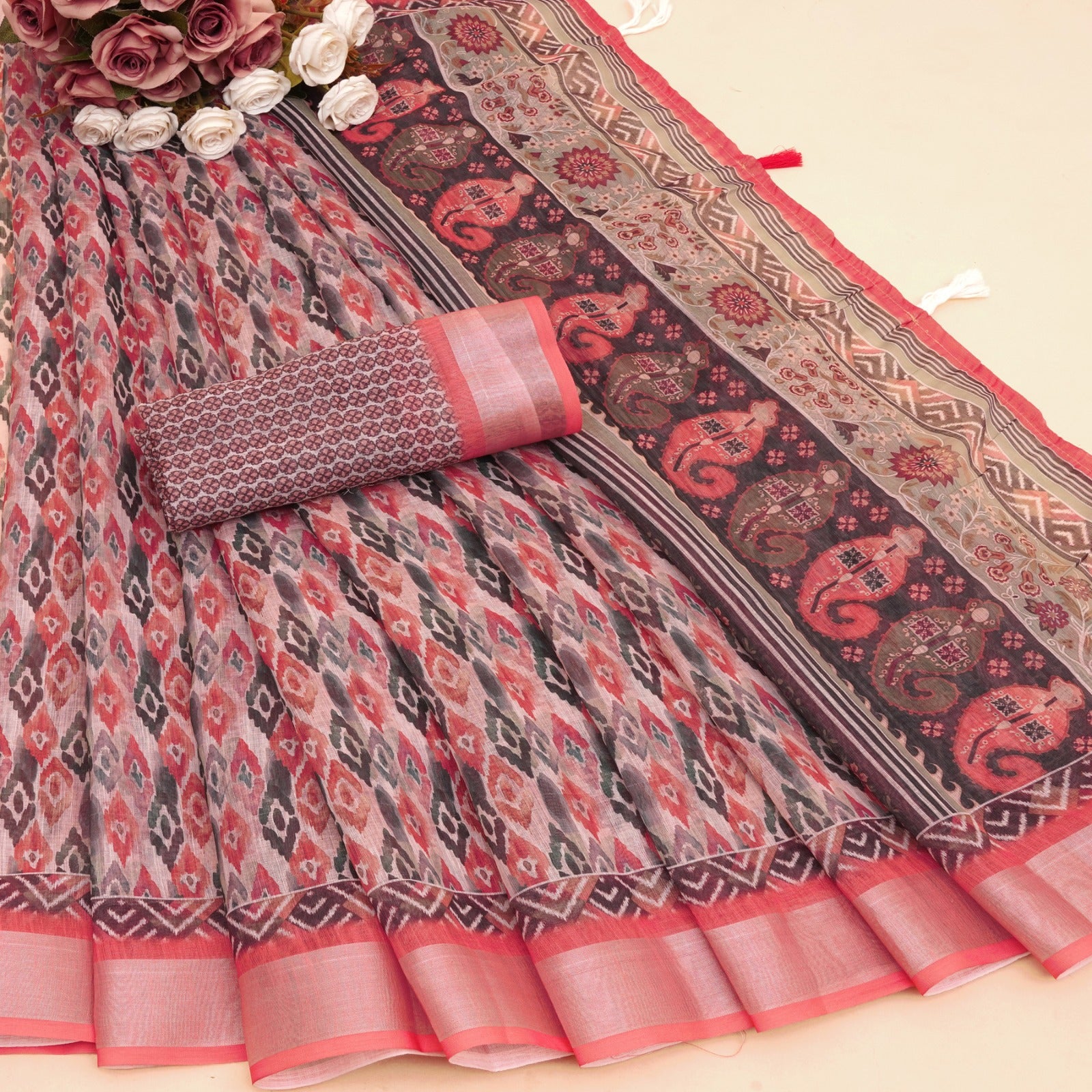Premium Belly Silk Cotton Saree With floral digital prints and fancy latkans