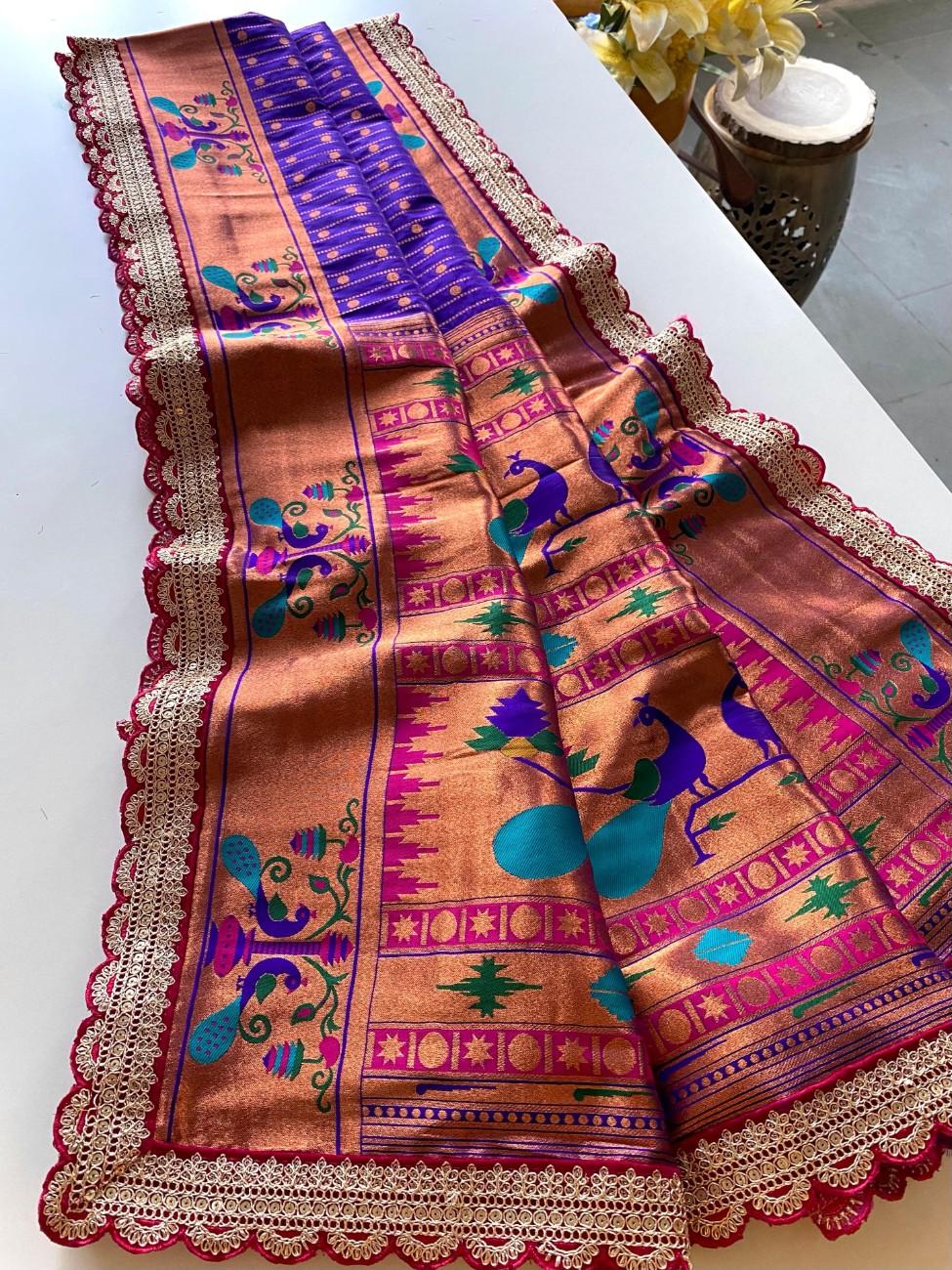 Premium Paithani Silk Saree With scalloped embroidered lace border