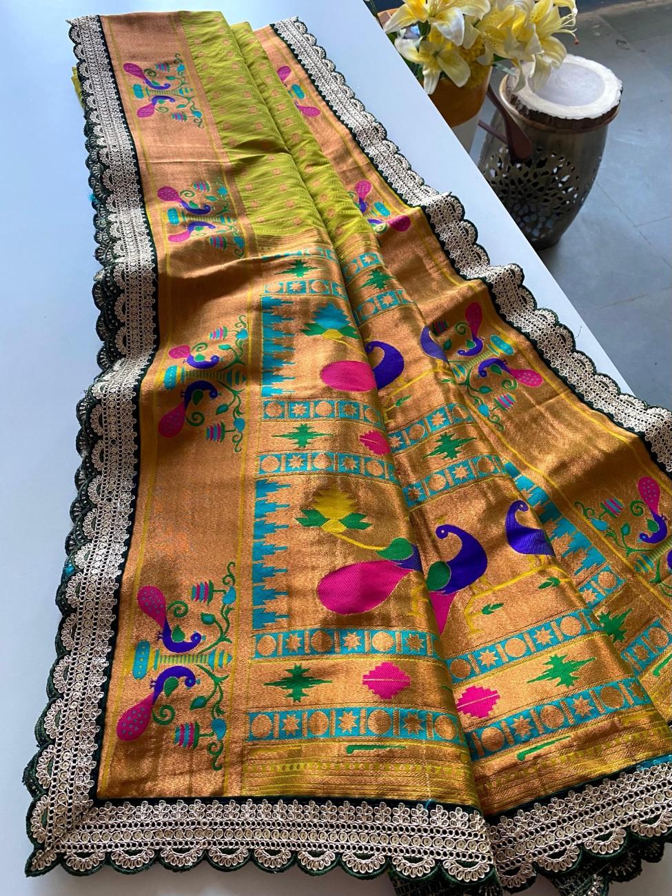 Premium Paithani Silk Saree With scalloped embroidered lace border