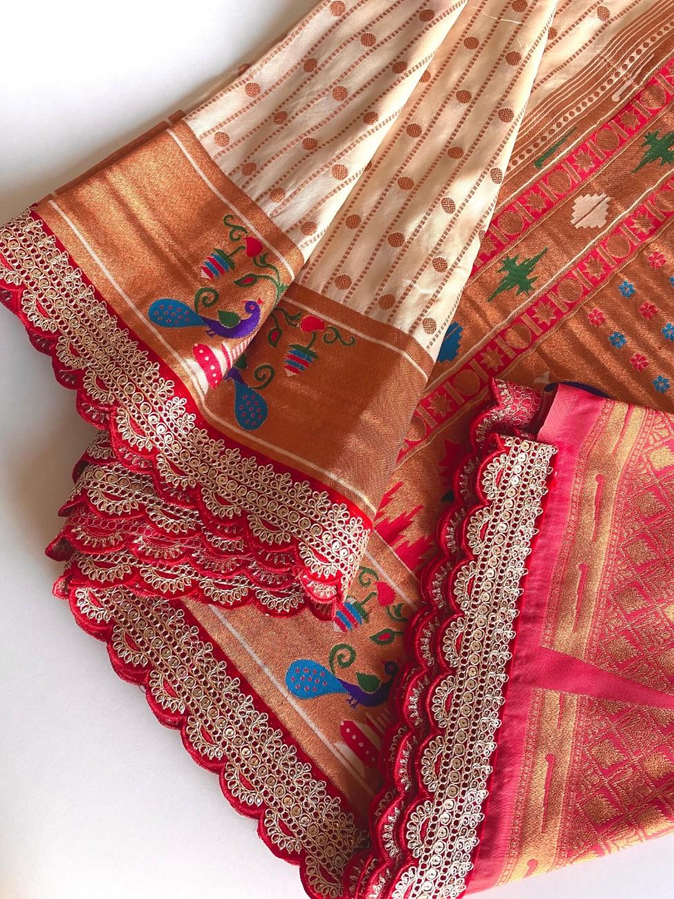 Premium Paithani Silk Saree With scalloped embroidered lace border