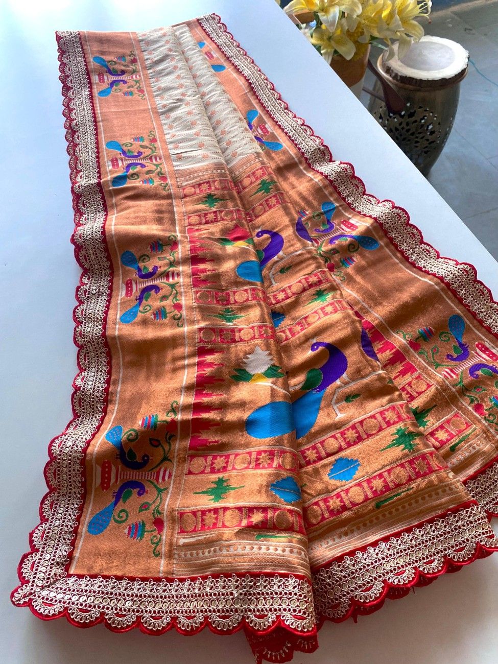 Premium Paithani Silk Saree With scalloped embroidered lace border