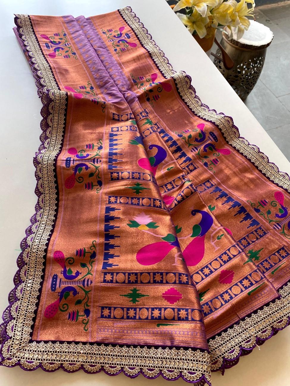 Premium Paithani Silk Saree With scalloped embroidered lace border