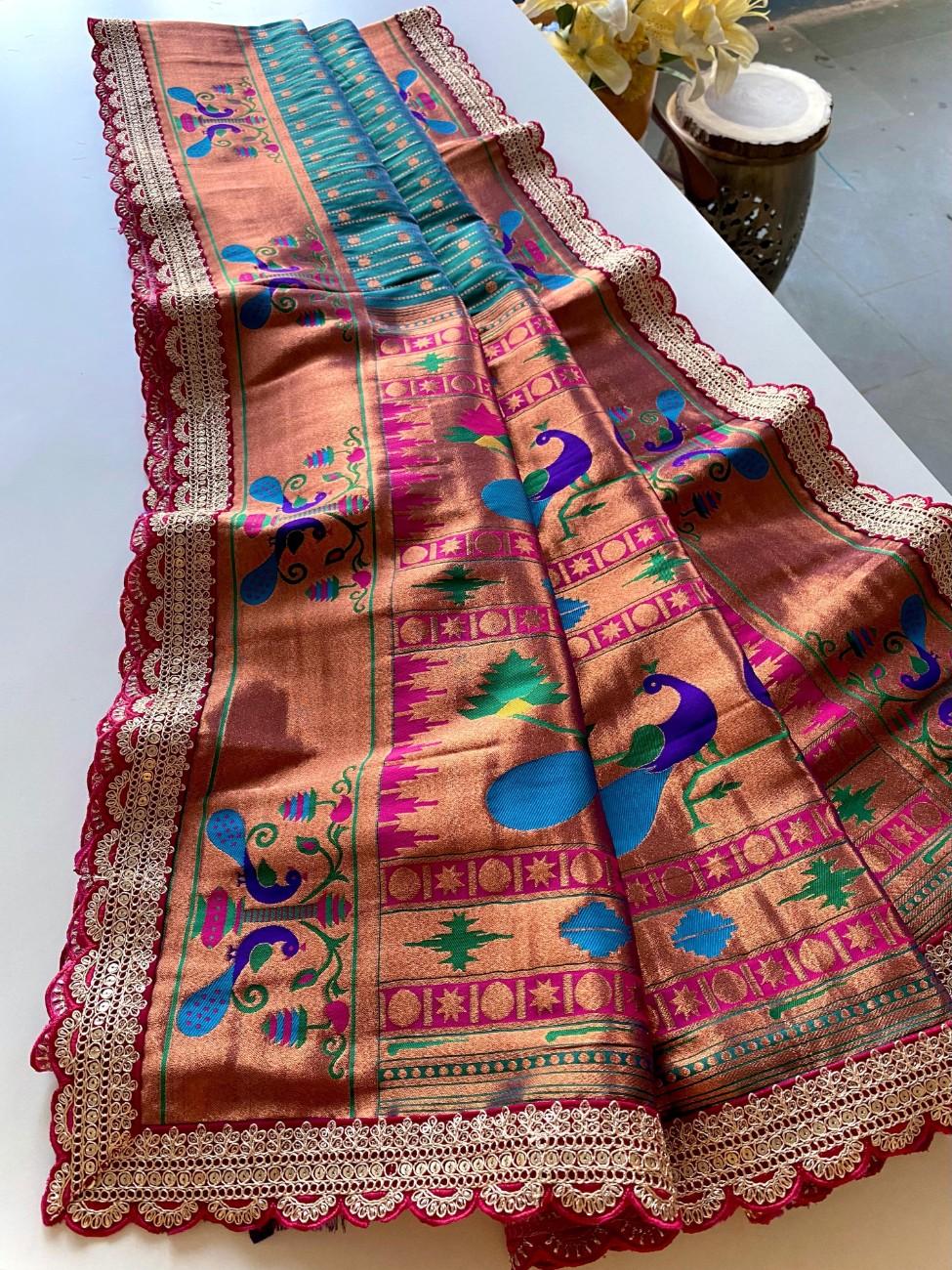 Premium Paithani Silk Saree With scalloped embroidered lace border