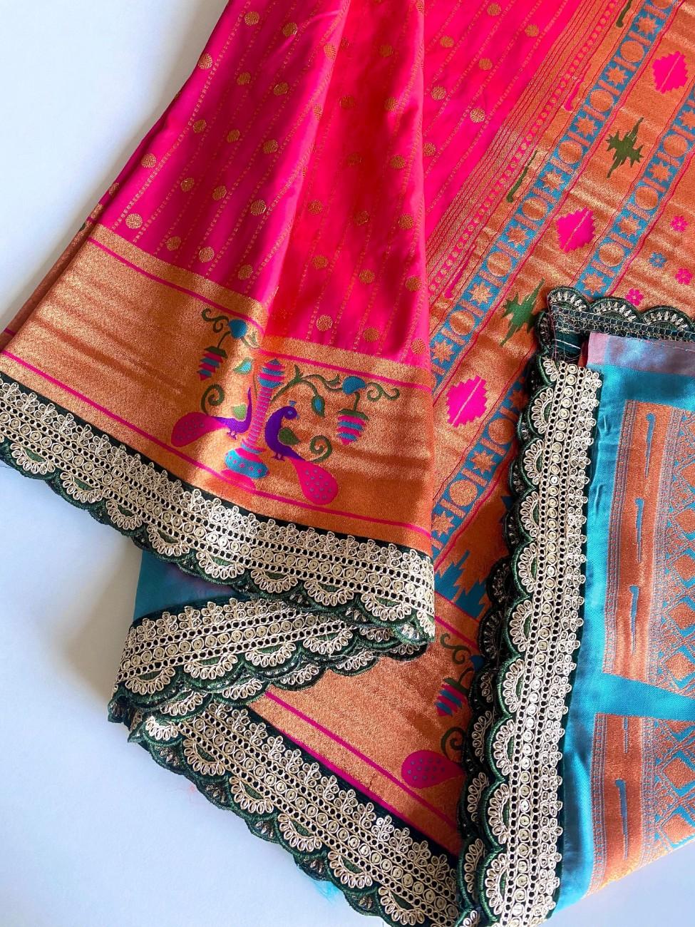 Premium Paithani Silk Saree With scalloped embroidered lace border