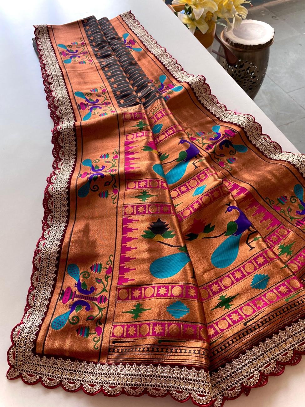Premium Paithani Silk Saree With scalloped embroidered lace border