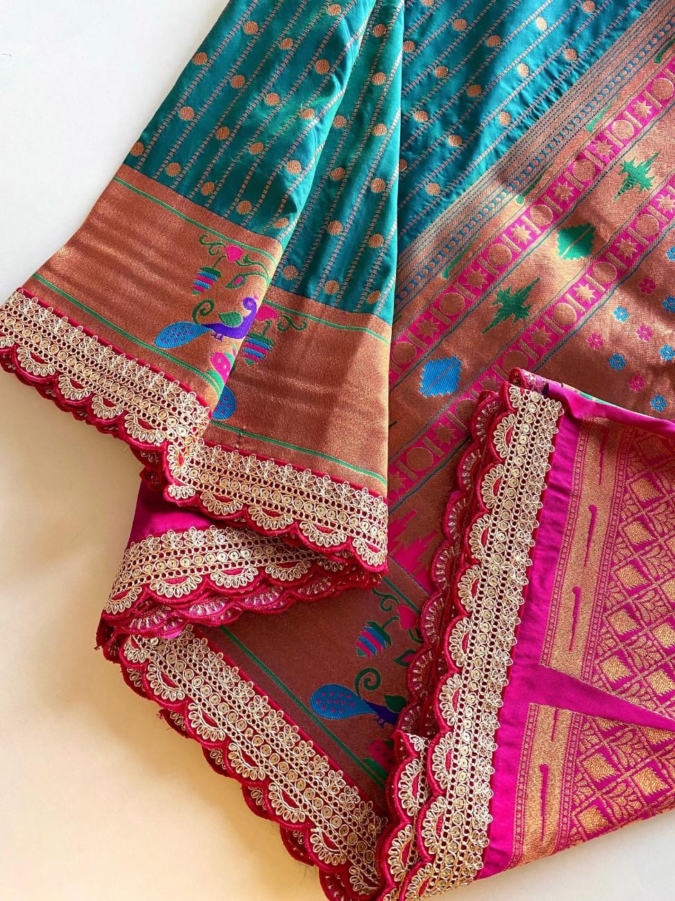 Premium Paithani Silk Saree With scalloped embroidered lace border