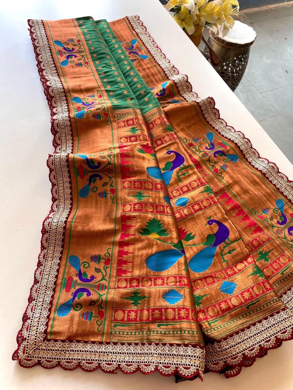 Premium Paithani Silk Saree With scalloped embroidered lace border