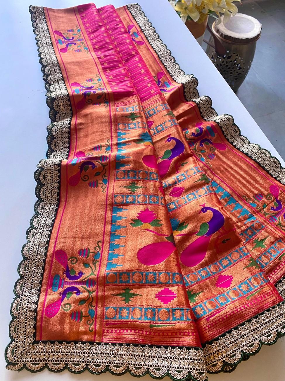 Premium Paithani Silk Saree With scalloped embroidered lace border