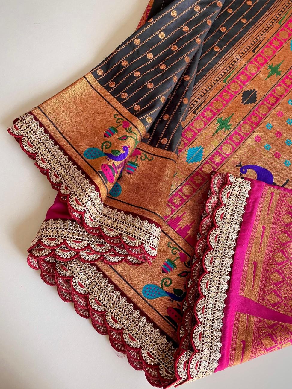 Premium Paithani Silk Saree With scalloped embroidered lace border