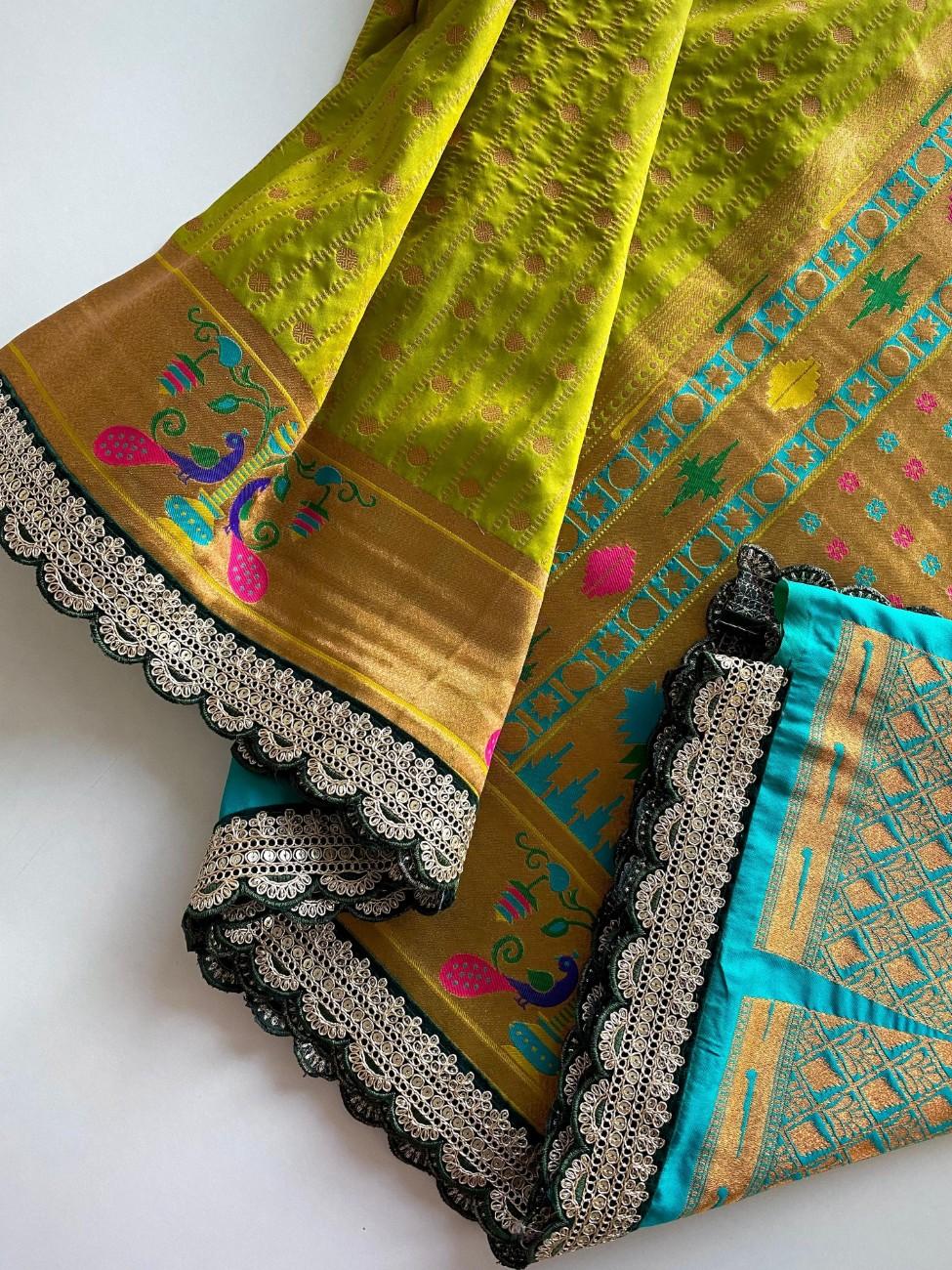 Premium Paithani Silk Saree With scalloped embroidered lace border