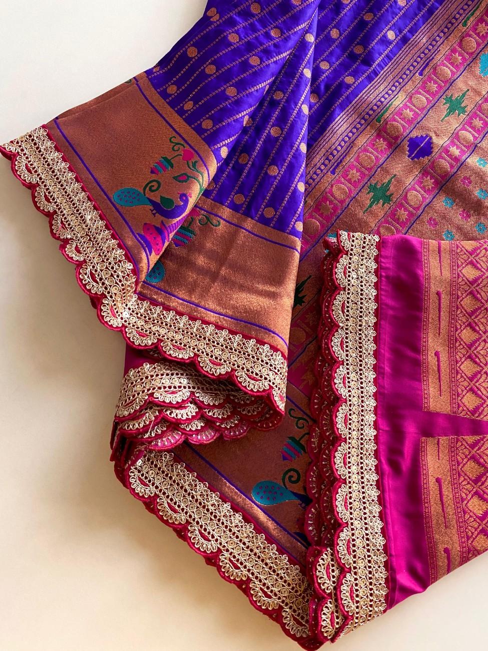 Premium Paithani Silk Saree With scalloped embroidered lace border